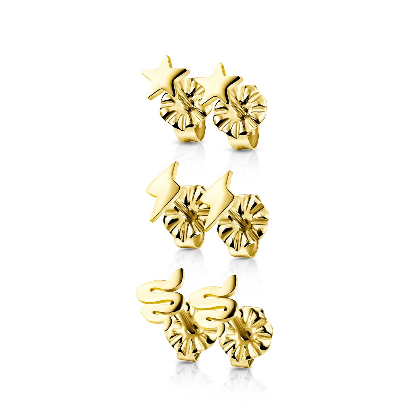 Titanium Snake, Star and Lightning Stud Pack Earrings - Yellow Gold