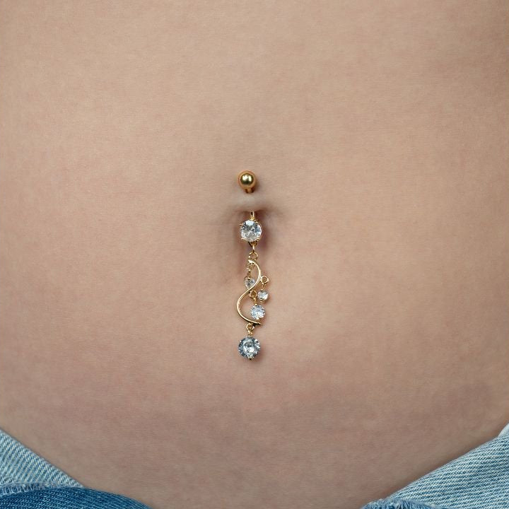 Vine CZ Dangle Yellow Gold Belly Bar - SkinKandy | Body Jewellery & Piercing Online Australia
