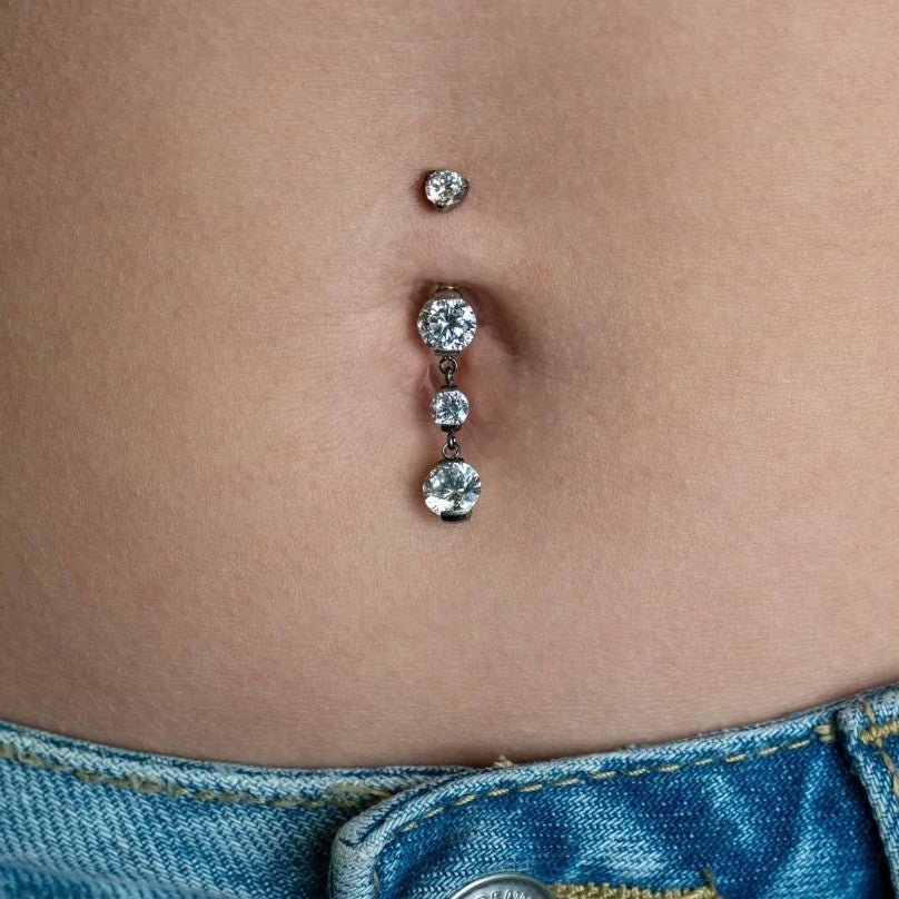 Titanium Navel Bar with Three Cubic Zirconia Dangles in Half - Bezel Arc Setting - SkinKandy | Body Jewellery & Piercing Online Australia