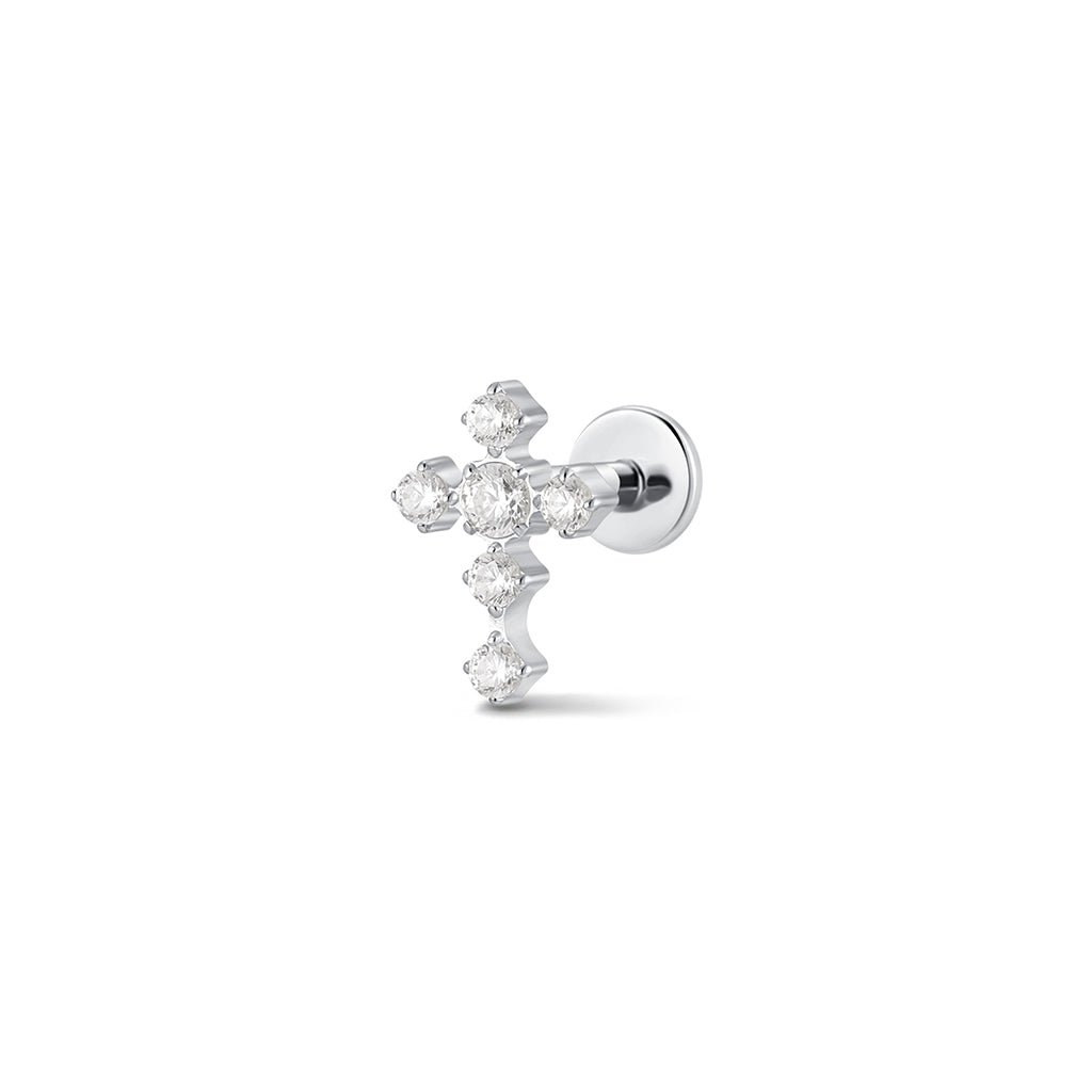 Silver-tone cubic zirconia cross flatback piercing