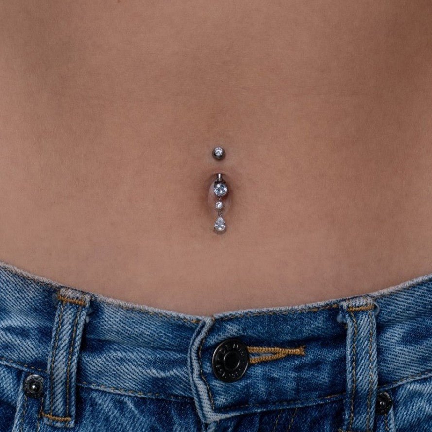 316L Stainless Steel Internally Threaded Round and Teardrop Dangle Cubic Zirconia Navel Bar - SkinKandy | Body Jewellery & Piercing Online Australia