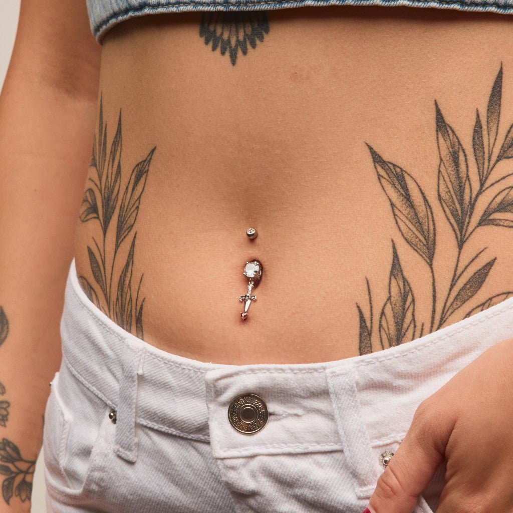 Titanium Internally Threaded Cubic Zirconia Sword Skull Dangle Navel Ring - SkinKandy | Body Jewellery & Piercing Online Australia