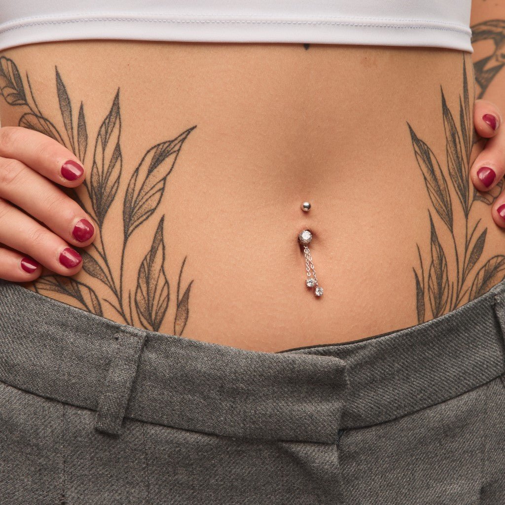 Titanium Internally Threaded Cubic Zirconia Double Chain Teardrop Dangle Navel Ring - SkinKandy | Body Jewellery & Piercing Online Australia