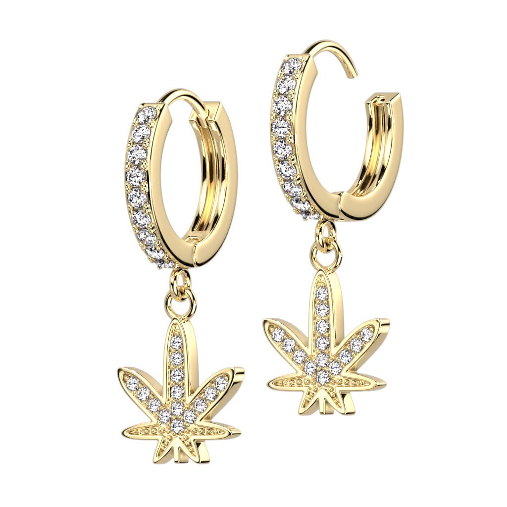 Pot Leaf CZ Dangle Hoop Earrings - SkinKandy | Body Jewellery & Piercing Online Australia