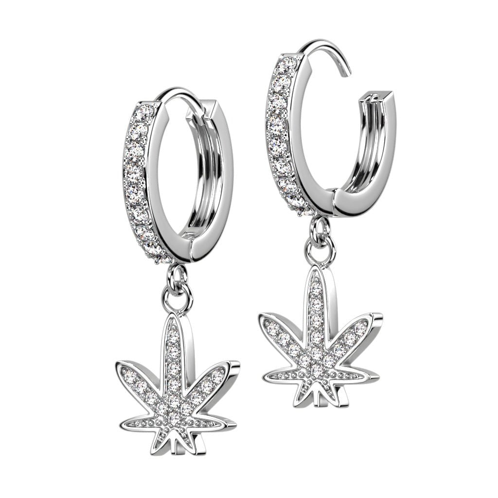 Pot Leaf CZ Dangle Hoop Earrings - SkinKandy | Body Jewellery & Piercing Online Australia