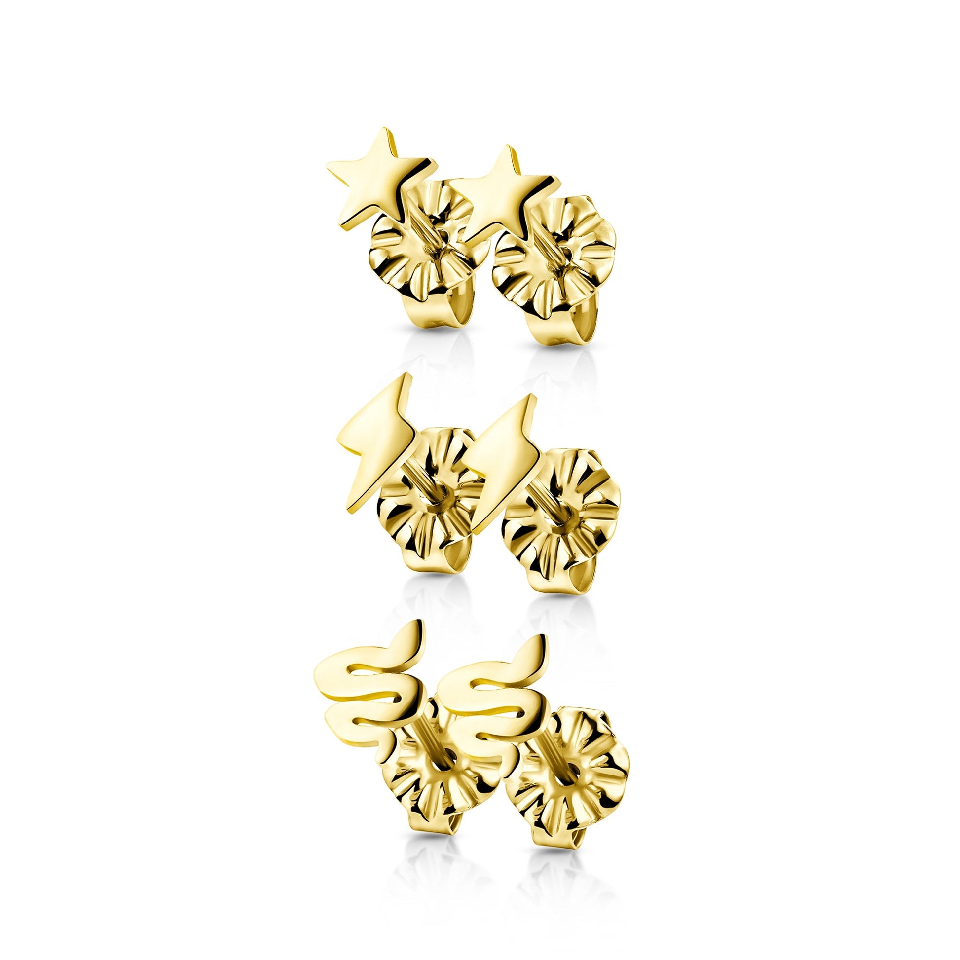 Titanium Snake, Star and Lightning Stud Pack Earrings - Yellow Gold