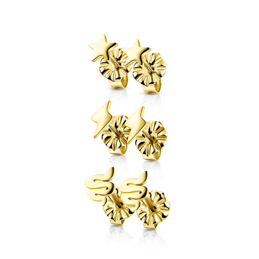 Titanium Snake, Star and Lightning Stud Pack Earrings - Yellow Gold