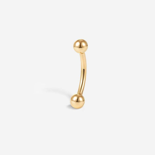 14K gold curved barbell piercing shown assembled with two ball ends