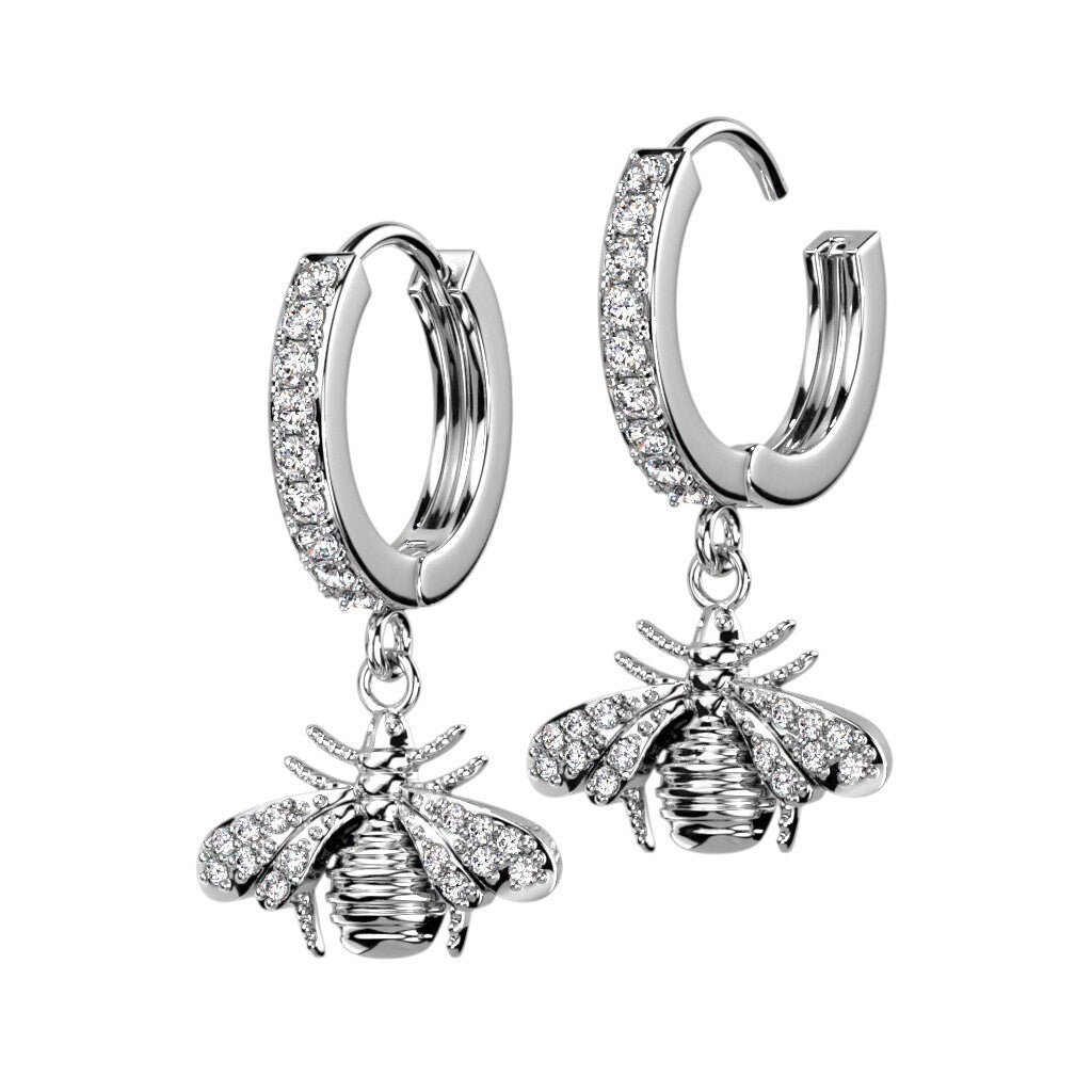 Bee Dangle Paved CZ Hoop Earrings - Steel