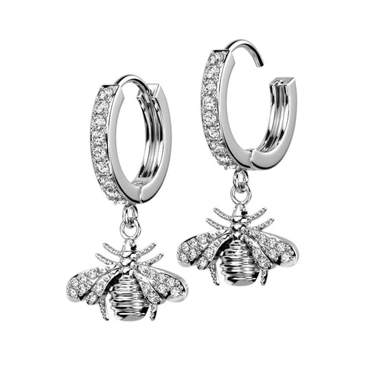 Bee Dangle Paved CZ Hoop Earrings - Steel