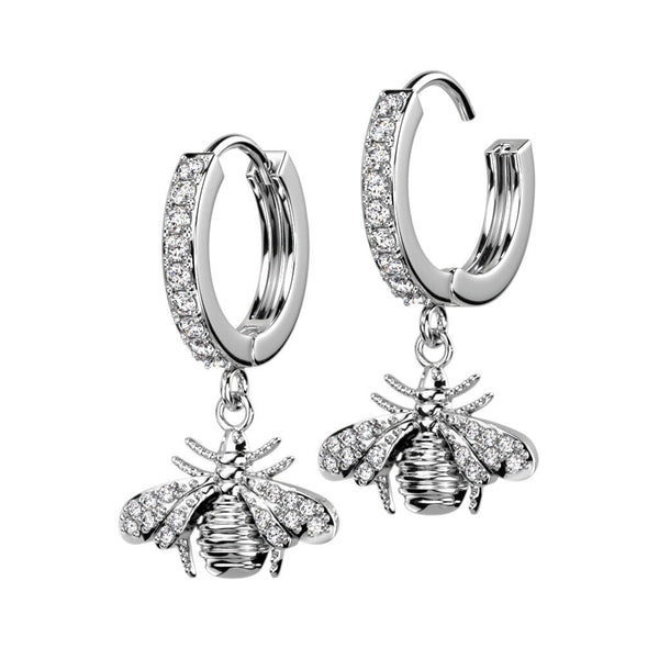 Bee Dangle Paved CZ Hoop Earrings - Steel