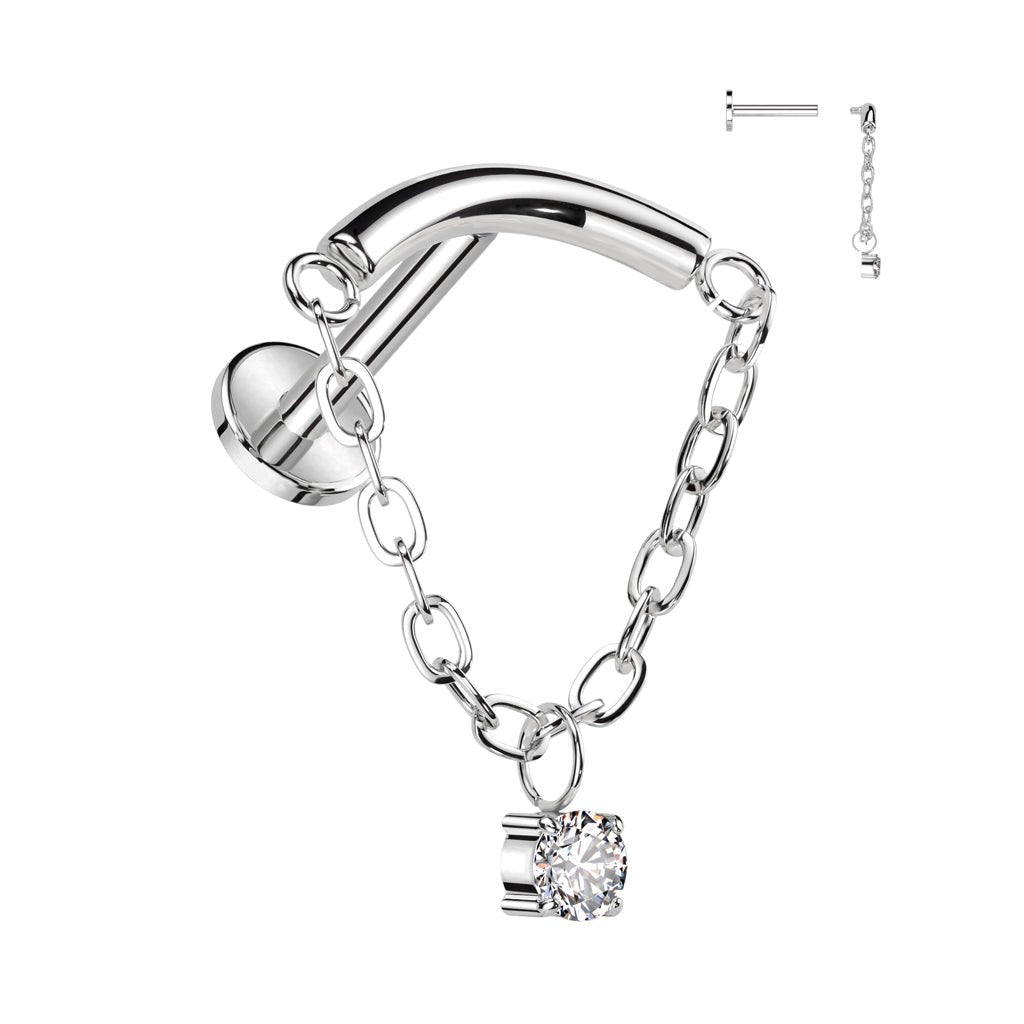 Titanium Internally Threaded Flatback with Chain Linked Curved Bar CZ Dangle Piercing - SkinKandy | Body Jewellery & Piercing Online Australia