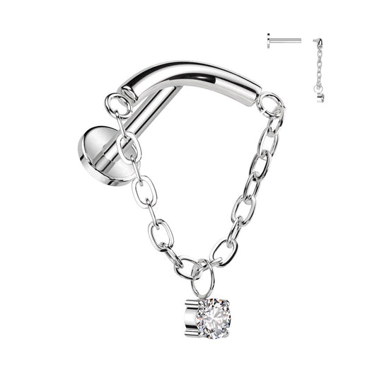 Titanium Internally Threaded Flatback with Chain Linked Curved Bar CZ Dangle Piercing - SkinKandy | Body Jewellery & Piercing Online Australia