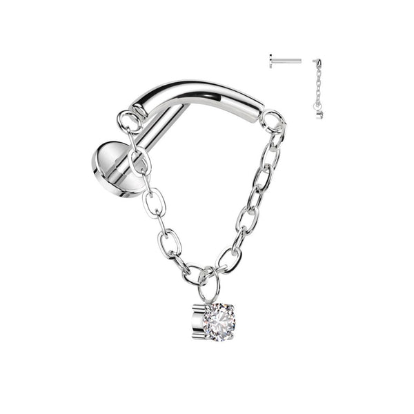 Implant Grade Titanium Cubic Zirconia Curved Bar with Linked Chain Dangle Piercing