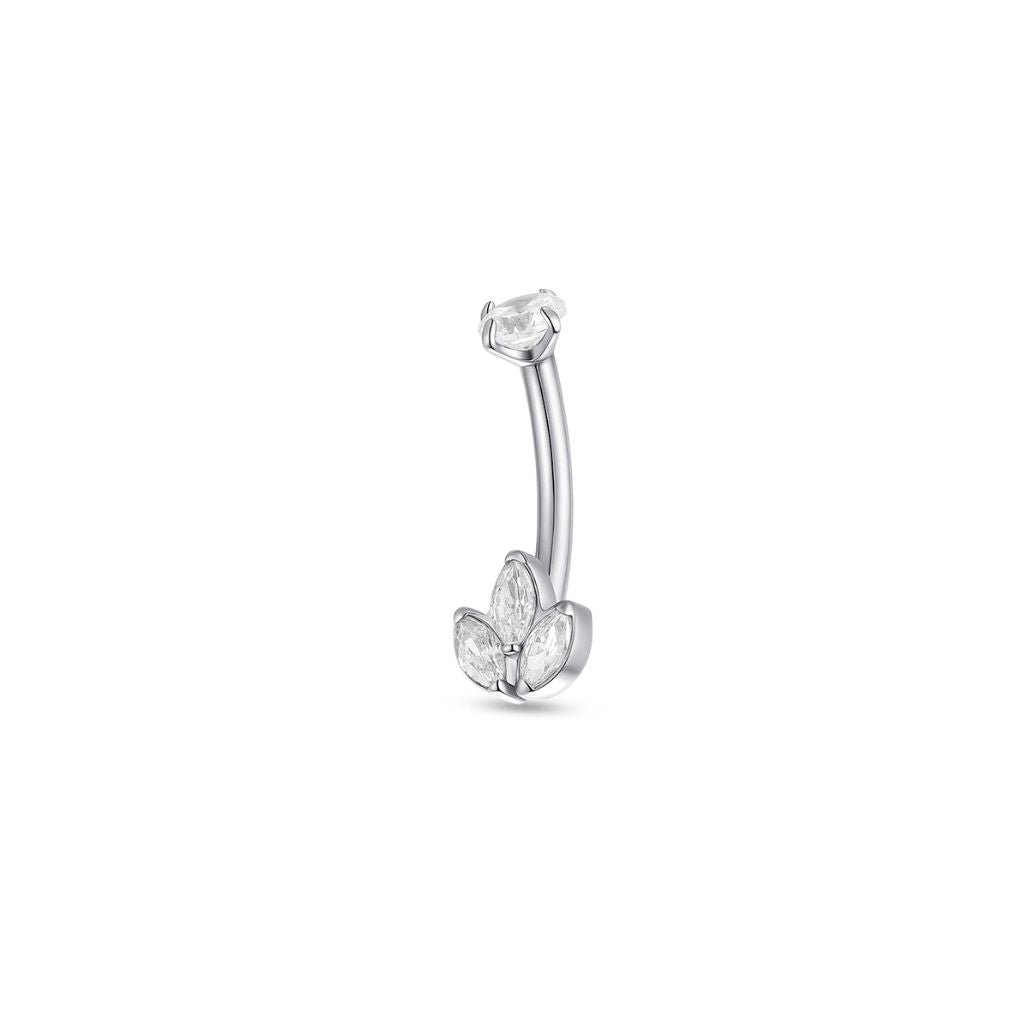 Studio product image of a silver-tone titanium curved barbell featuring three marquise-cut clear cubic zirconia stones in a fan arrangement, with a single round cubic zirconia at the top and an internally threaded design.