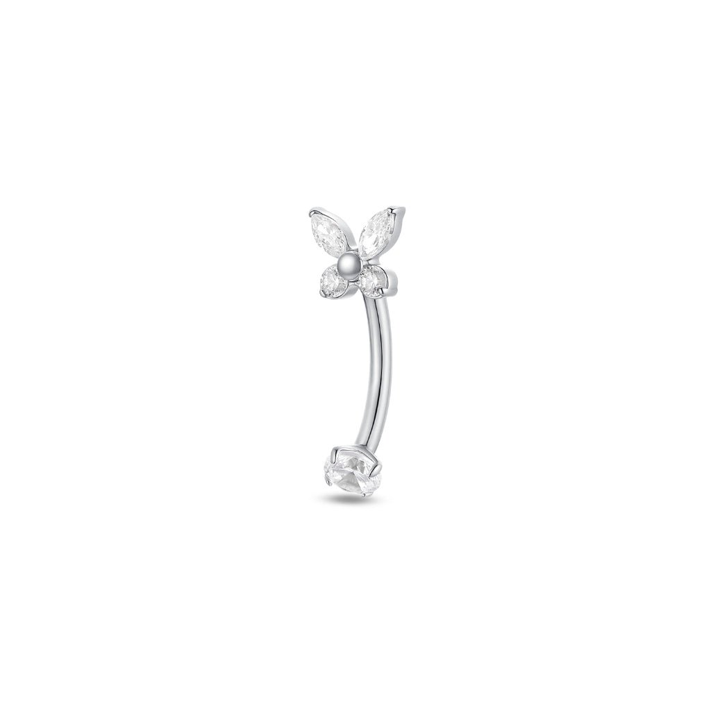Product-only image of a silver-tone titanium curved barbell with a clear cubic zirconia butterfly top and a round claw-set cubic zirconia end, internally threaded.