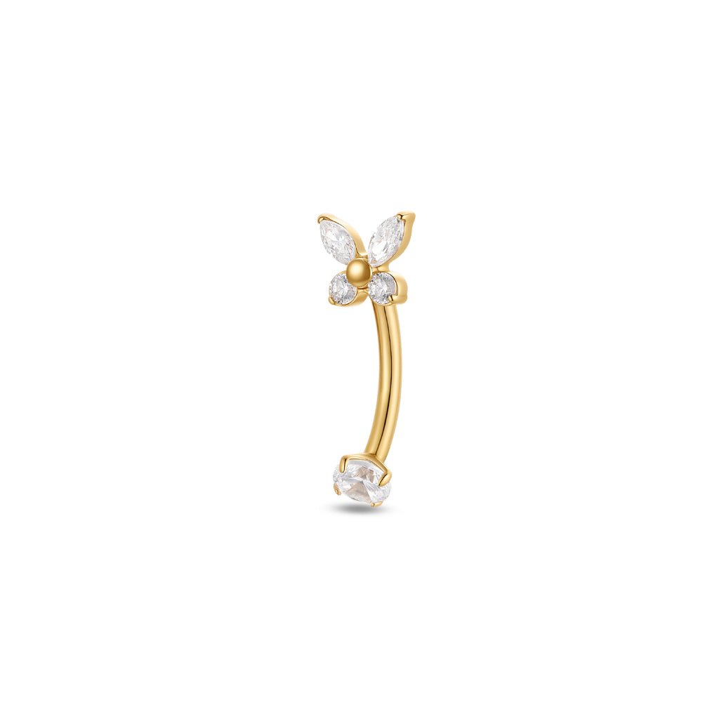 Product-only image of a gold-tone titanium curved barbell with a clear cubic zirconia butterfly top and a round claw-set cubic zirconia end, internally threaded.