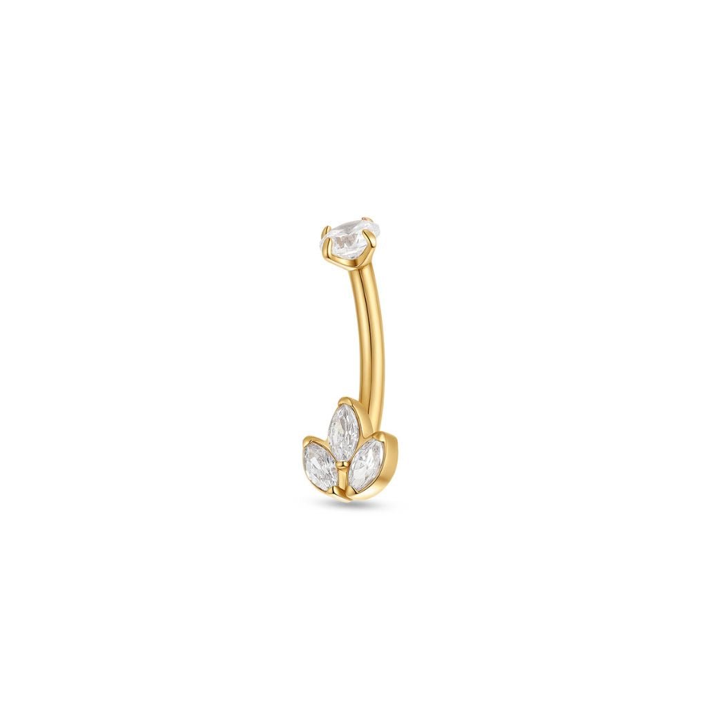 Studio product image of a gold-tone titanium curved barbell featuring three marquise-cut clear cubic zirconia stones in a fan arrangement, with a single round cubic zirconia at the top and an internally threaded design.