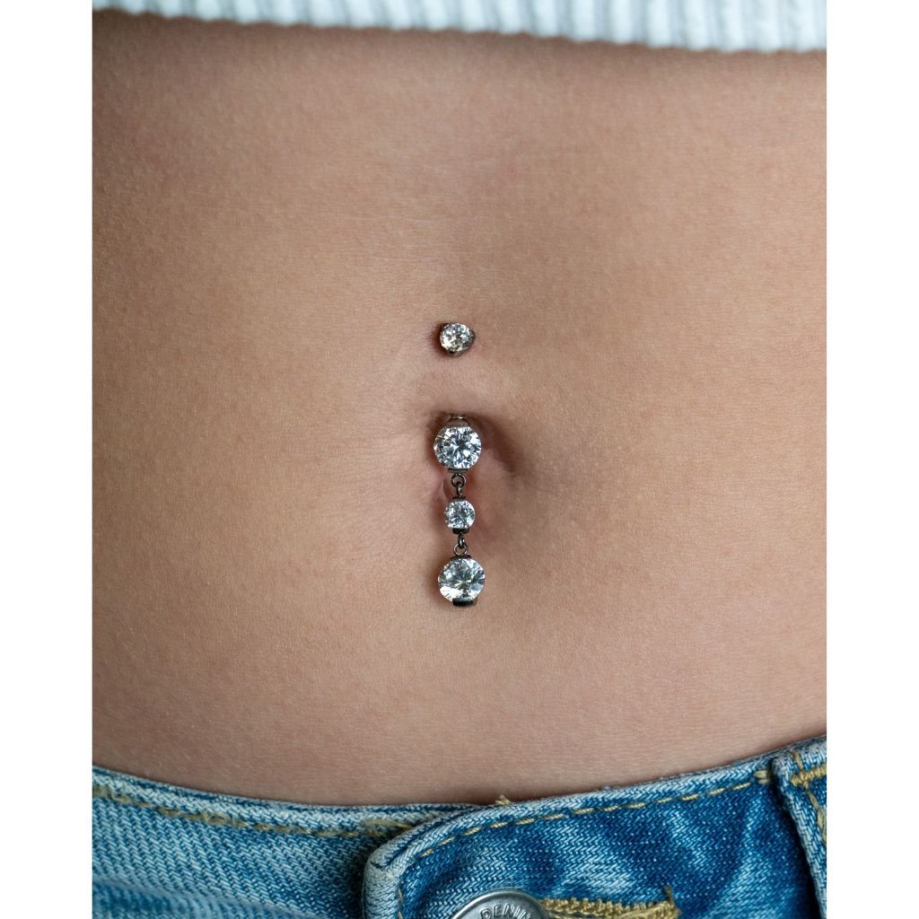 Titanium Navel Bar with Three Cubic Zirconia Dangles in Half - Bezel Arc Setting - SkinKandy | Body Jewellery & Piercing Online Australia