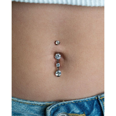 Titanium Navel Bar with Three Cubic Zirconia Dangles in Half-Bezel Arc Setting