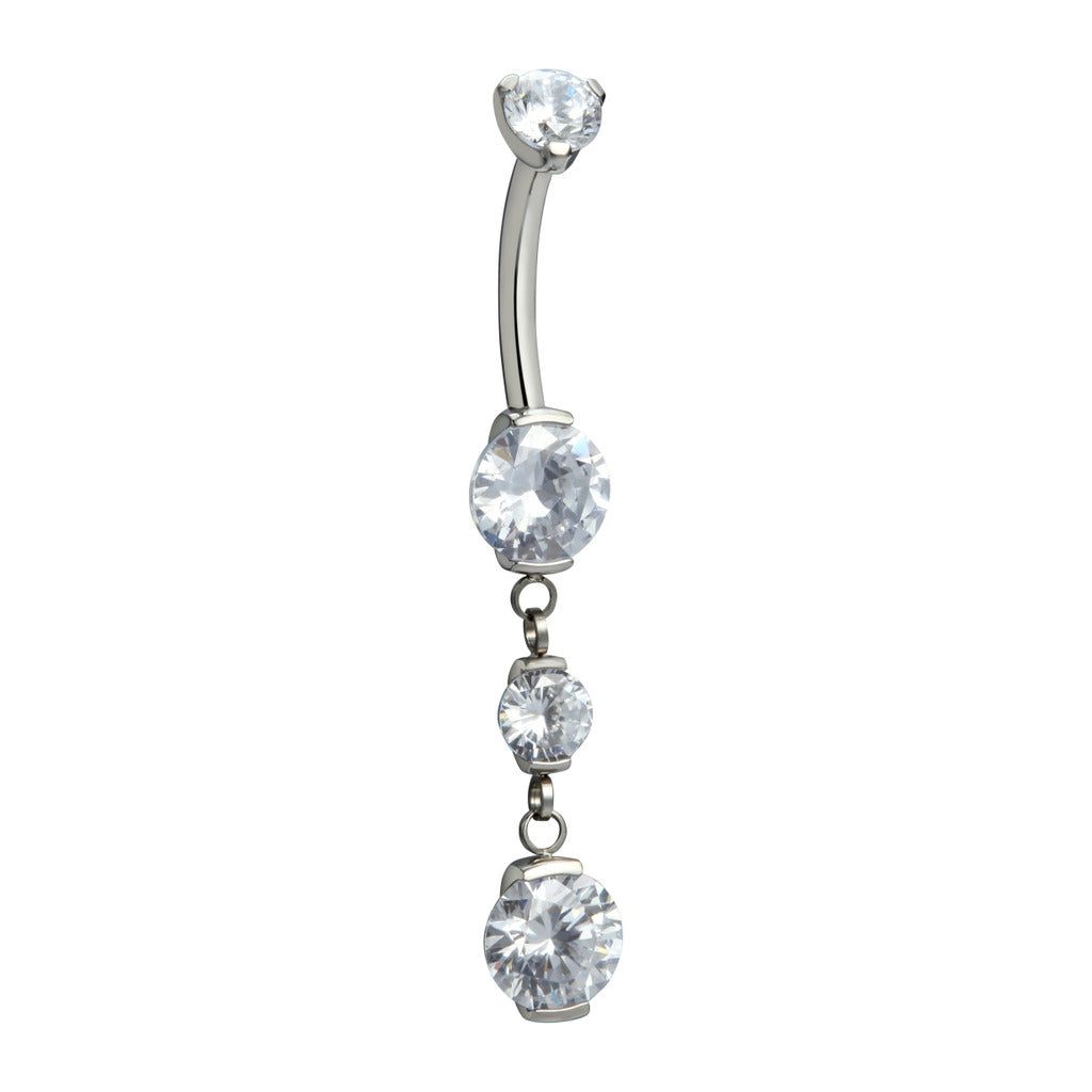 Titanium Navel Bar with Three Cubic Zirconia Dangles in Half-Bezel Arc Setting