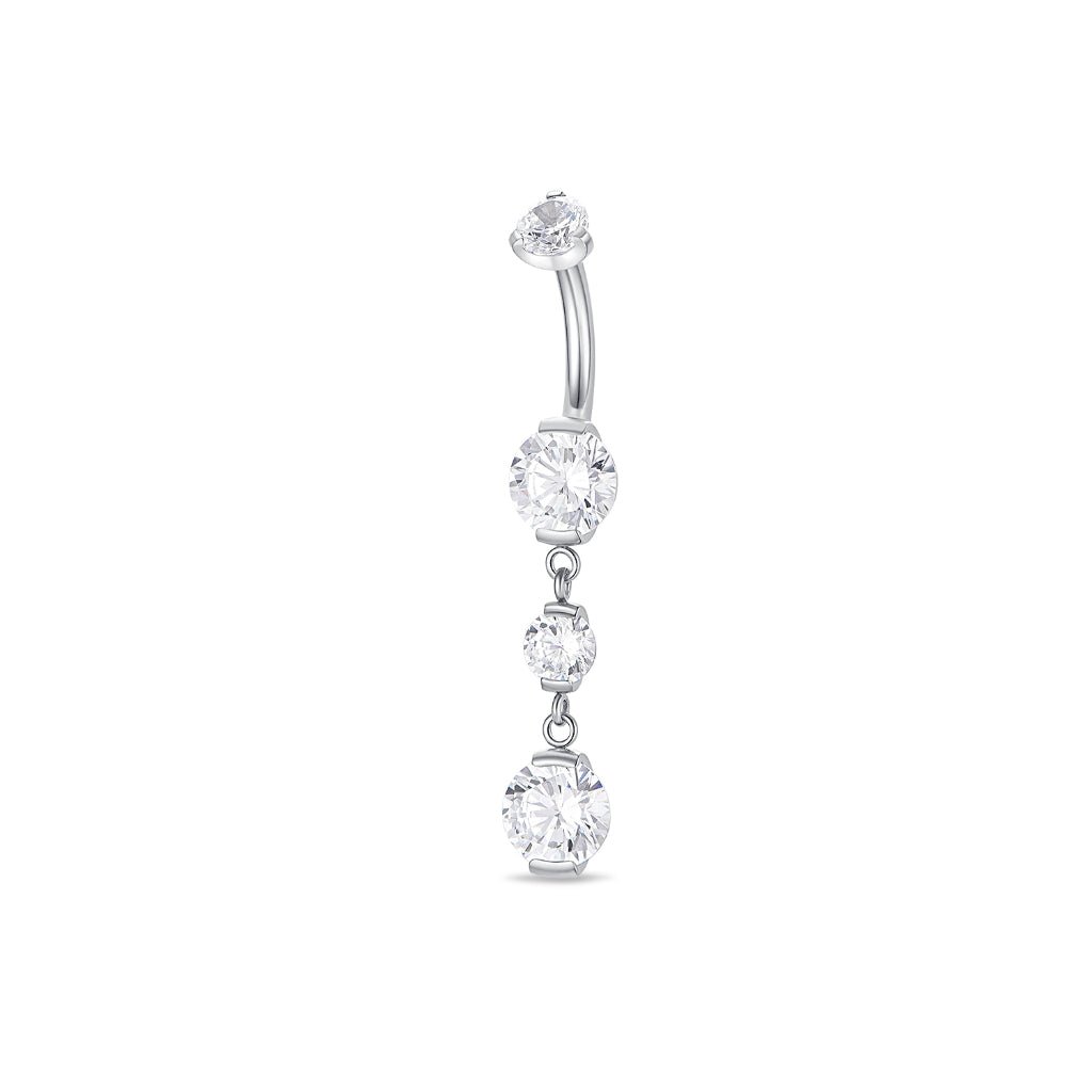 Titanium navel bar with three clear cubic zirconia dangles in a half-bezel arc setting, silver tone, shown on a white background.