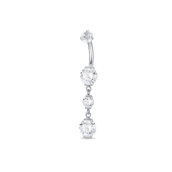 Implant Grade Titanium Navel Bar with Three Cubic Zirconia Dangles in Half-Bezel Arc Setting
