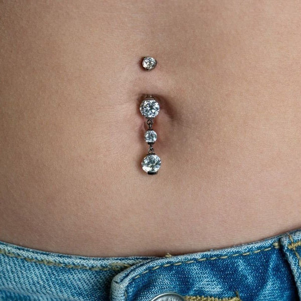 Implant Grade Titanium Navel Bar with Three Cubic Zirconia Dangles in Half-Bezel Arc Setting