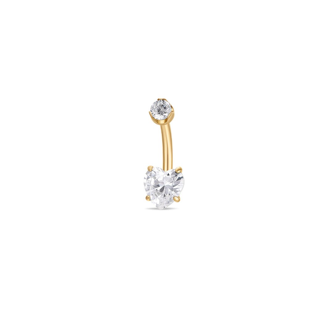 Titanium navel bar with heart-shaped clear cubic zirconia in a claw arc setting, gold tone, shown on a white background.