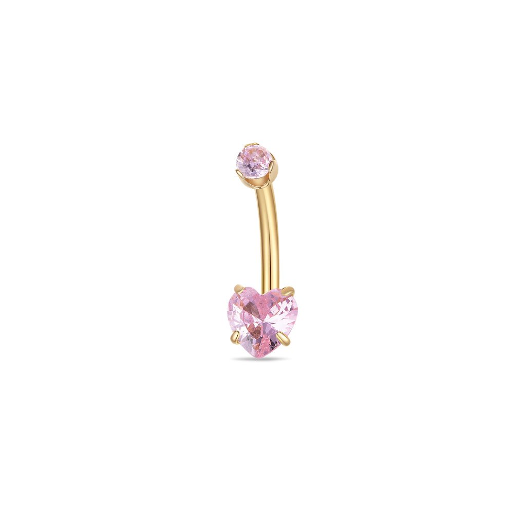 Titanium navel bar with heart-shaped pink cubic zirconia in a claw arc setting, gold tone, shown on a white background.