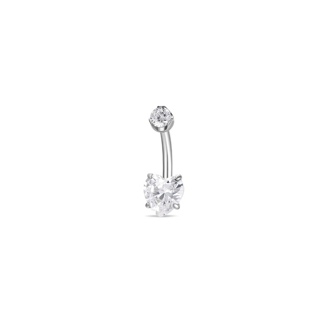 Titanium navel bar with heart-shaped clear cubic zirconia in a claw arc setting, silver tone, shown on a white background.