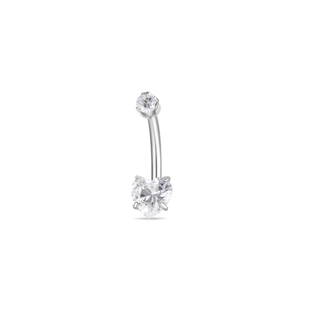 Titanium navel bar with heart-shaped clear cubic zirconia in a claw arc setting, silver tone, shown on a white background.