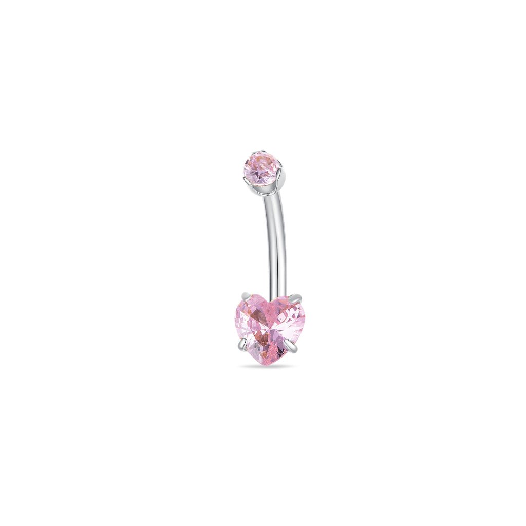 Titanium navel bar with heart-shaped pink cubic zirconia in a claw arc setting, silver tone, shown on a white background.