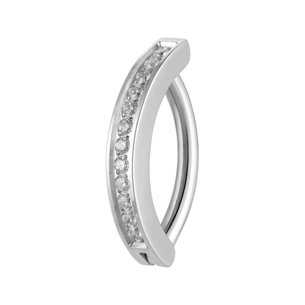 Titanium navel clicker with inset pavé round clear cubic zirconia in silver tone, shown on a white background.