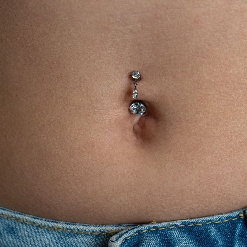 Titanium Navel Bar with Marquis Dangle and Round Cubic Zirconia in Claw Arc Setting - SkinKandy | Body Jewellery & Piercing Online Australia