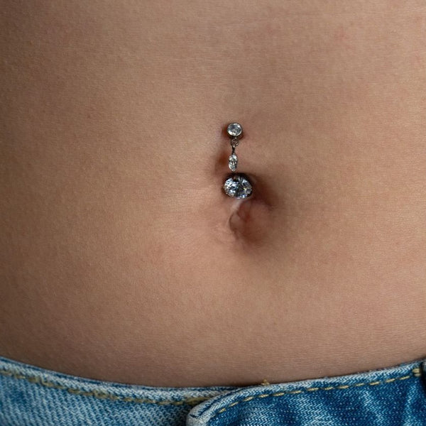 Implant Grade Titanium Navel Bar with Marquis Dangle and Round Cubic Zirconia in Claw Arc Setting