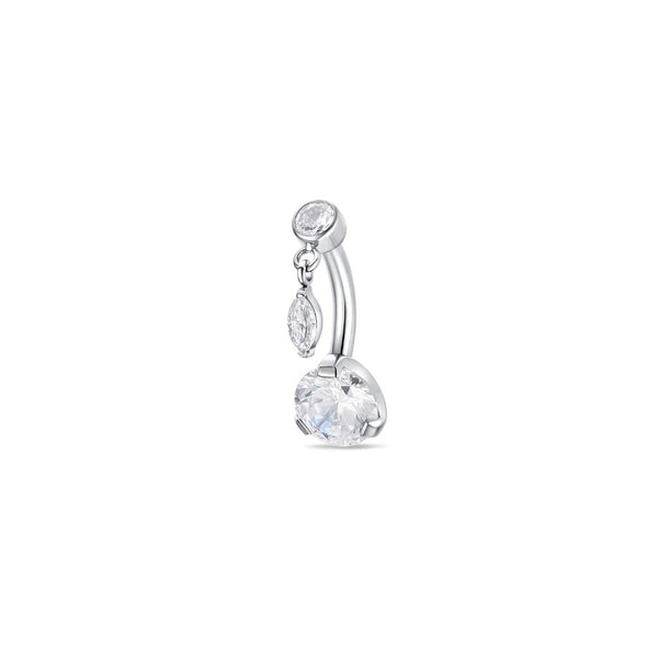 Implant Grade Titanium Navel Bar with Marquis Dangle and Round Cubic Zirconia in Claw Arc Setting