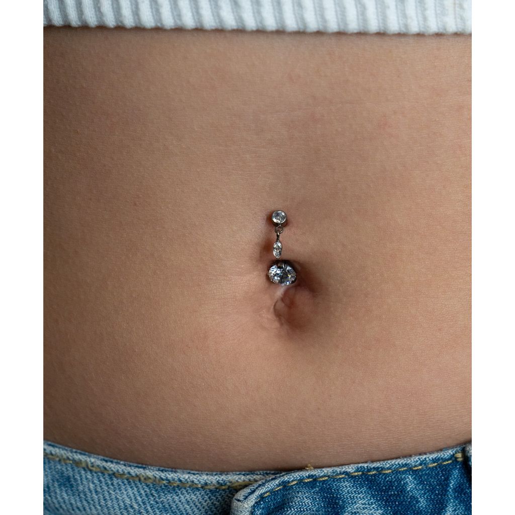 Titanium Navel Bar with Marquis Dangle and Round Cubic Zirconia in Claw Arc Setting - SkinKandy | Body Jewellery & Piercing Online Australia