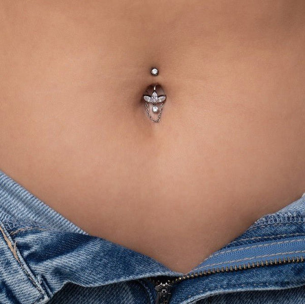 Implant Grade Titanium Navel Bar with Marquis Fan and Chain Dangle