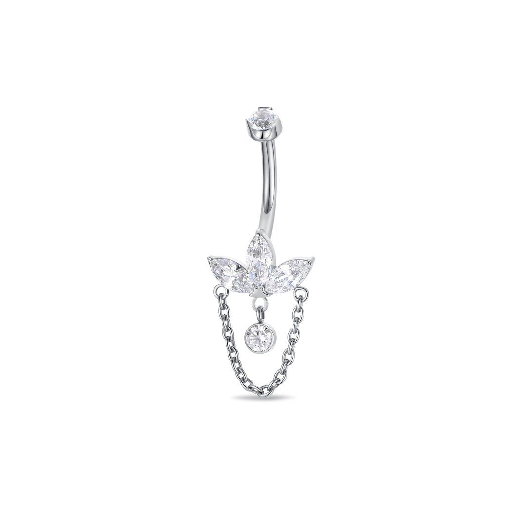 Titanium navel bar featuring a marquis-cut cubic zirconia fan design with a fine chain dangle and clear cubic zirconia accent, shown on a white background.
