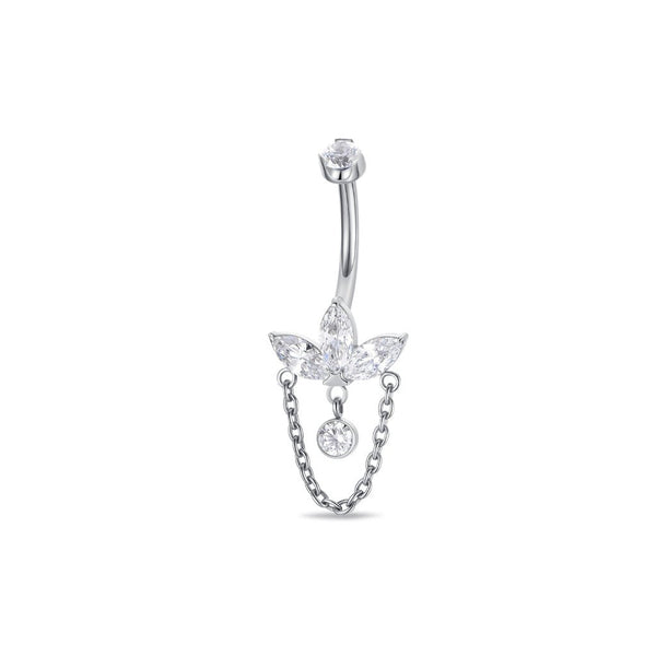 Implant Grade Titanium Navel Bar with Marquis Fan and Chain Dangle