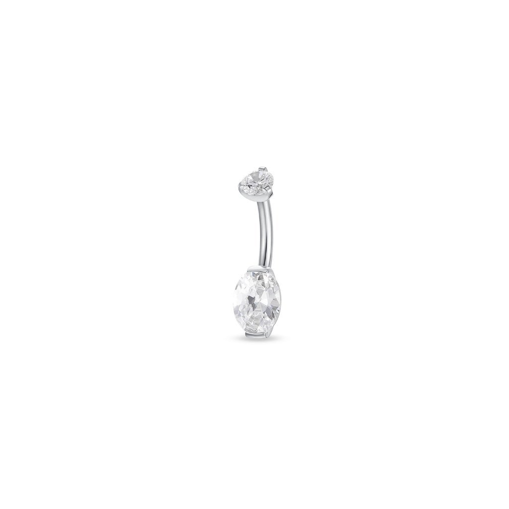 Implant Grade Titanium Navel Bar with Oval Cubic Zirconia in Half-Bezel Arc Setting - Silver Tone - SkinKandy | Body Jewellery & Piercing