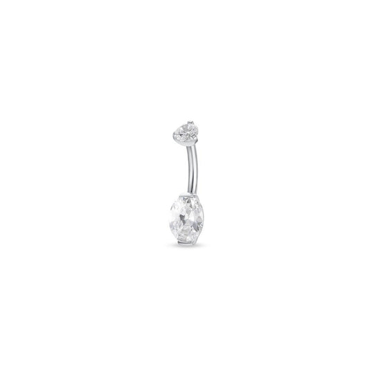 Implant Grade Titanium Navel Bar with Oval Cubic Zirconia in Half-Bezel Arc Setting - Silver Tone - SkinKandy | Body Jewellery & Piercing