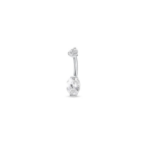 Implant Grade Titanium Navel Bar with Oval Cubic Zirconia in Half-Bezel Arc Setting - Silver Tone - SkinKandy | Body Jewellery & Piercing