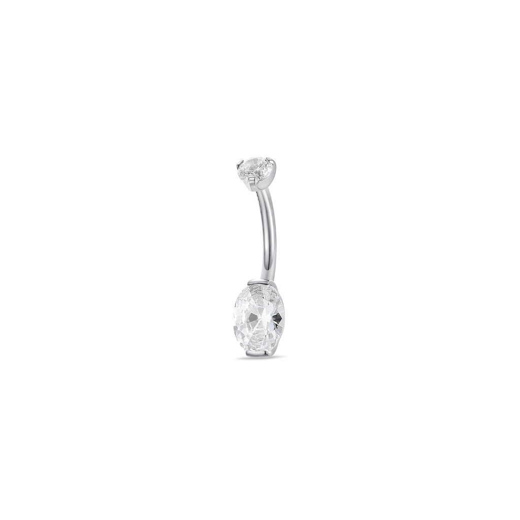 Implant Grade Titanium Navel Bar with Oval Cubic Zirconia in Half-Bezel Arc Setting - Silver Tone - SkinKandy | Body Jewellery & Piercing
