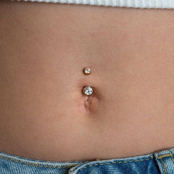 Implant Grade Titanium Navel Bar with Round Bezel-Set Cubic Zirconia