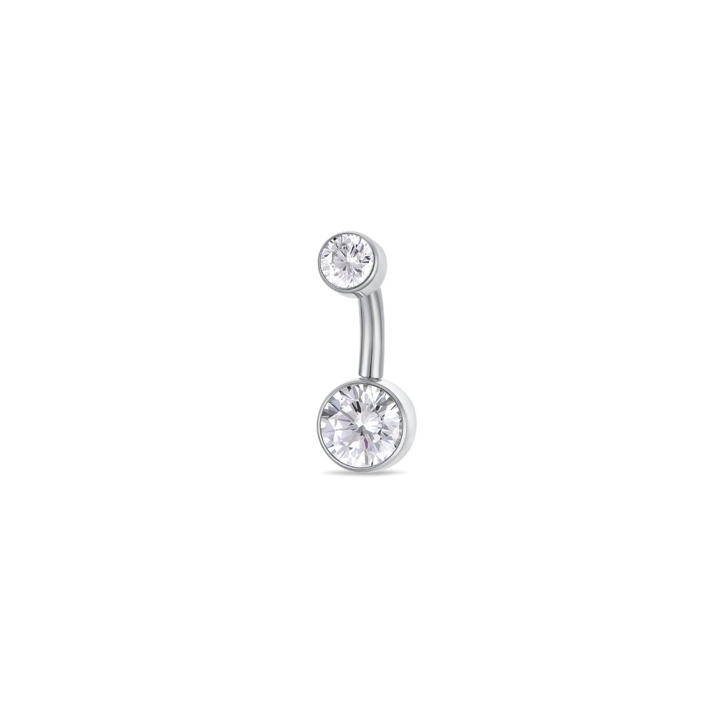 Titanium navel bar with round bezel-set clear cubic zirconia in silver tone, implant grade titanium body, studio product image.