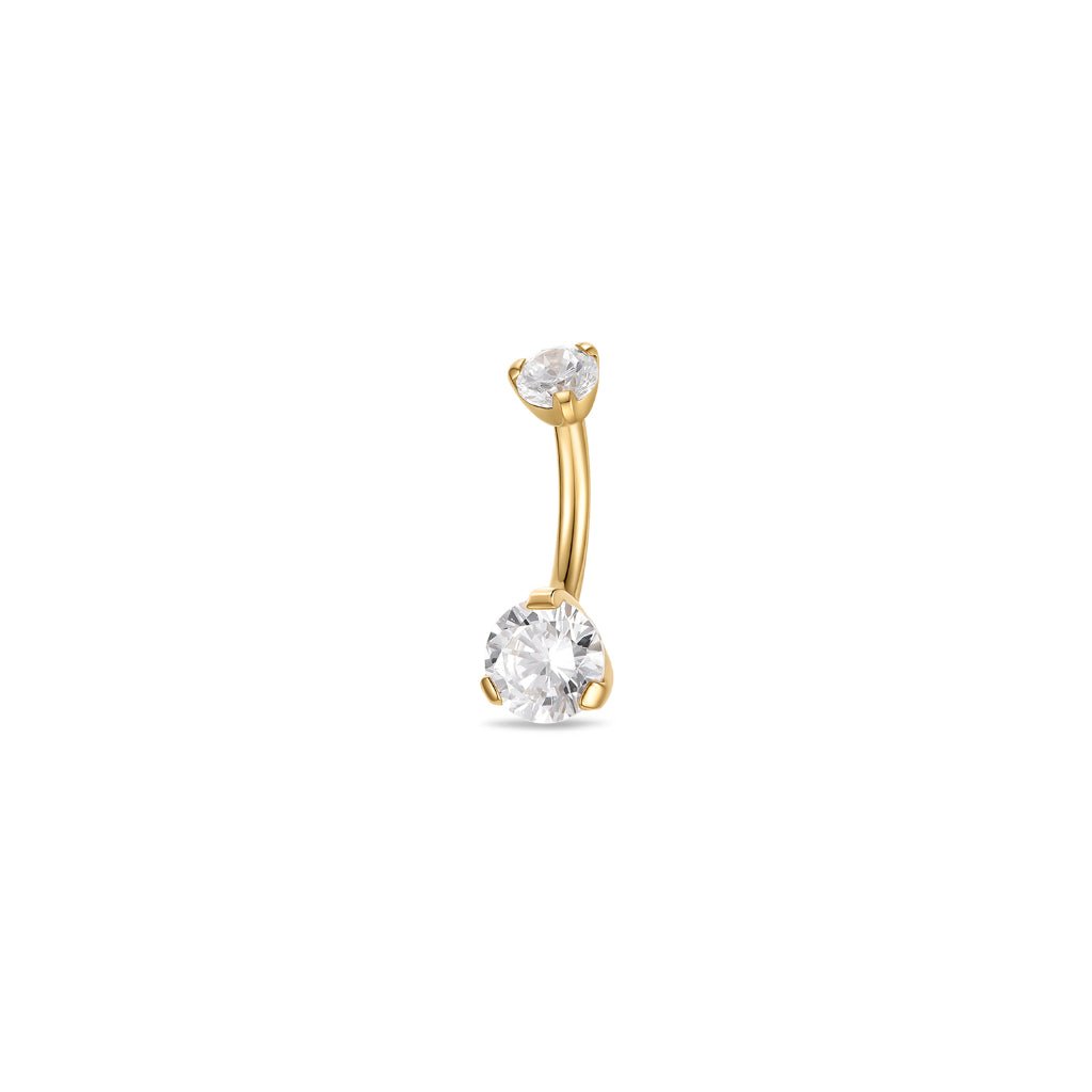Titanium navel bar with round clear cubic zirconia in claw arc setting, gold tone finish, product only.