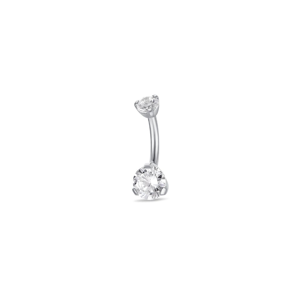 Titanium navel bar with round clear cubic zirconia in claw arc setting, silver tone finish, product only.