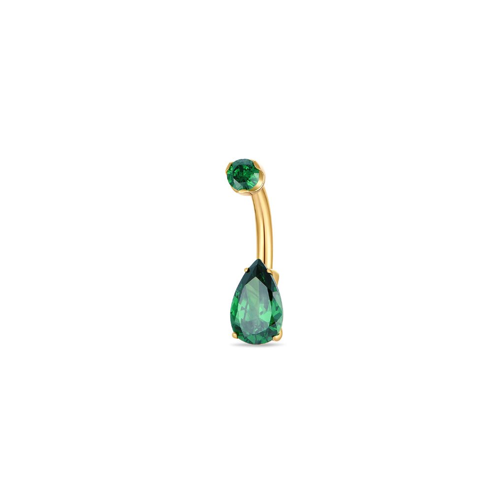Titanium navel bar with teardrop green cubic zirconia in a claw arc setting, gold-tone finish, shown on a white background